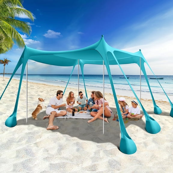 Rhino Valley Beach Tent, 10 x 10 FT Beach Shade UPF50+ Protection, Beach Canopy with 8 Sandbags 4 Stability Poles,Outdoor Beach Tent Sun Shelter Umbrella for Sand,Camping,Fishing Essentials,Mint Gree