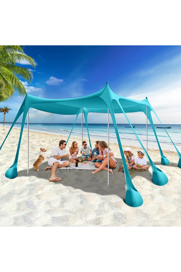 Beach Tent, 10 x 10 FT Beach Shade UPF50+ Protection, Beach Canopy with 8 Sandbags 4 Stability Poles,Outdoor Beach Tent Sun Shelter Umbrella for Sand,Camping,Fishing Essentials,Mint Gree