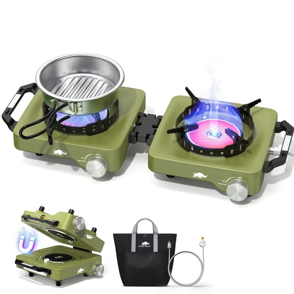Rhino Valley 2 Propane Burners Camping Stove, 30,000 BTU Folding Camp Stove with Windproof Grates and Frying Pan, Portable Camping Stoves with Carrying Bag, Camping Essentials ,Green