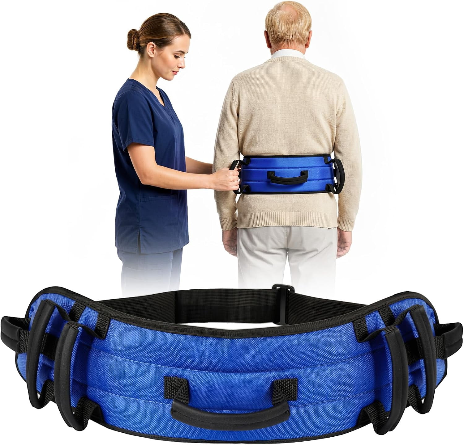 Rhino Valley Gait Belt Transfer Belt for Senior with 7 Handles, 59" Anti-Slip Transfer Belt for Elderly, Lift Belt, Nursing Safety Patient Assist, Blue & Black