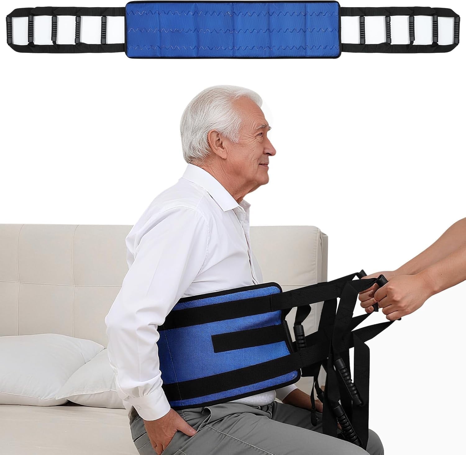 Rhino Valley Transfer Sling, Gait Belt with 10 Padded Handles, Non-Slip Nursing Transfer Belt, Safety Standing and Lifting Aid for Disabled, Elderly, Seniors, Injured, Blue+Black