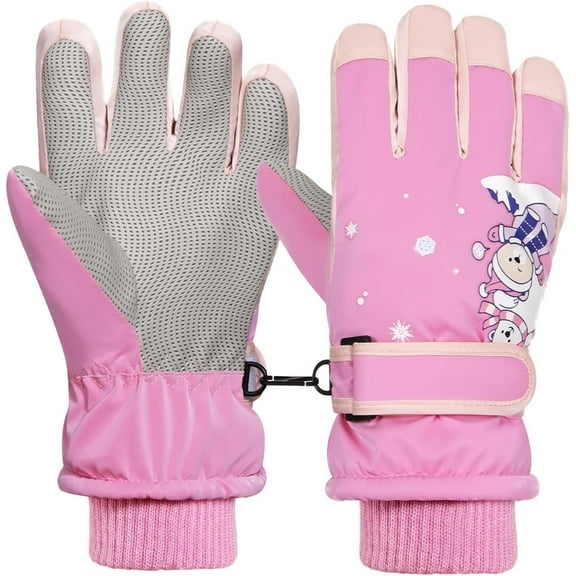 Rhino Valley Snow Gloves for Kids, Winter Toddler Waterproof Ski Mittens, Warm Gloves with Hook and Loop, Boy/Girls Bear Snow Gloves for Outdoor Skiing Snowboarding,M-Pink Bear