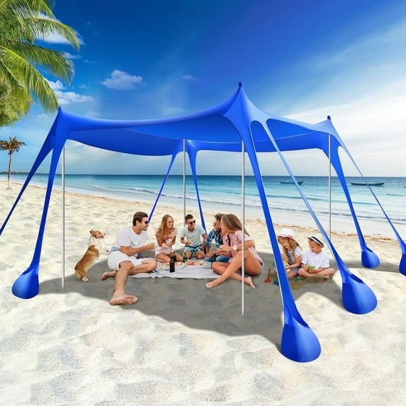 Rhino Valley Beach Tent Sun Shelter, Beach Canopy Tent Sun Shade UPF50+ Protection with 8 Sandbags 4 Stability Poles, Outdoor Beach Shade Canopy for Beach, Camping, Fishing,Indigo