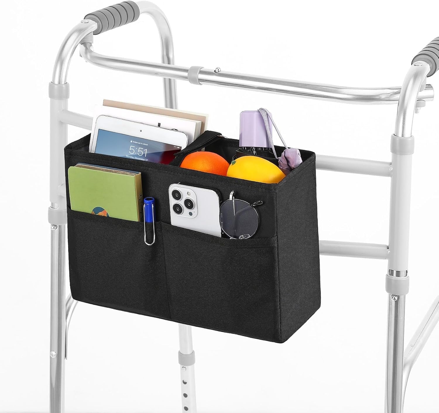 Rhino Valley Walker Basket, Large Capacity Basket for Walkers with Multi Pockets, Hand-Free Carry Pouch Storage Bag Walker Accessories for Universal Walkers for Seniors, Black