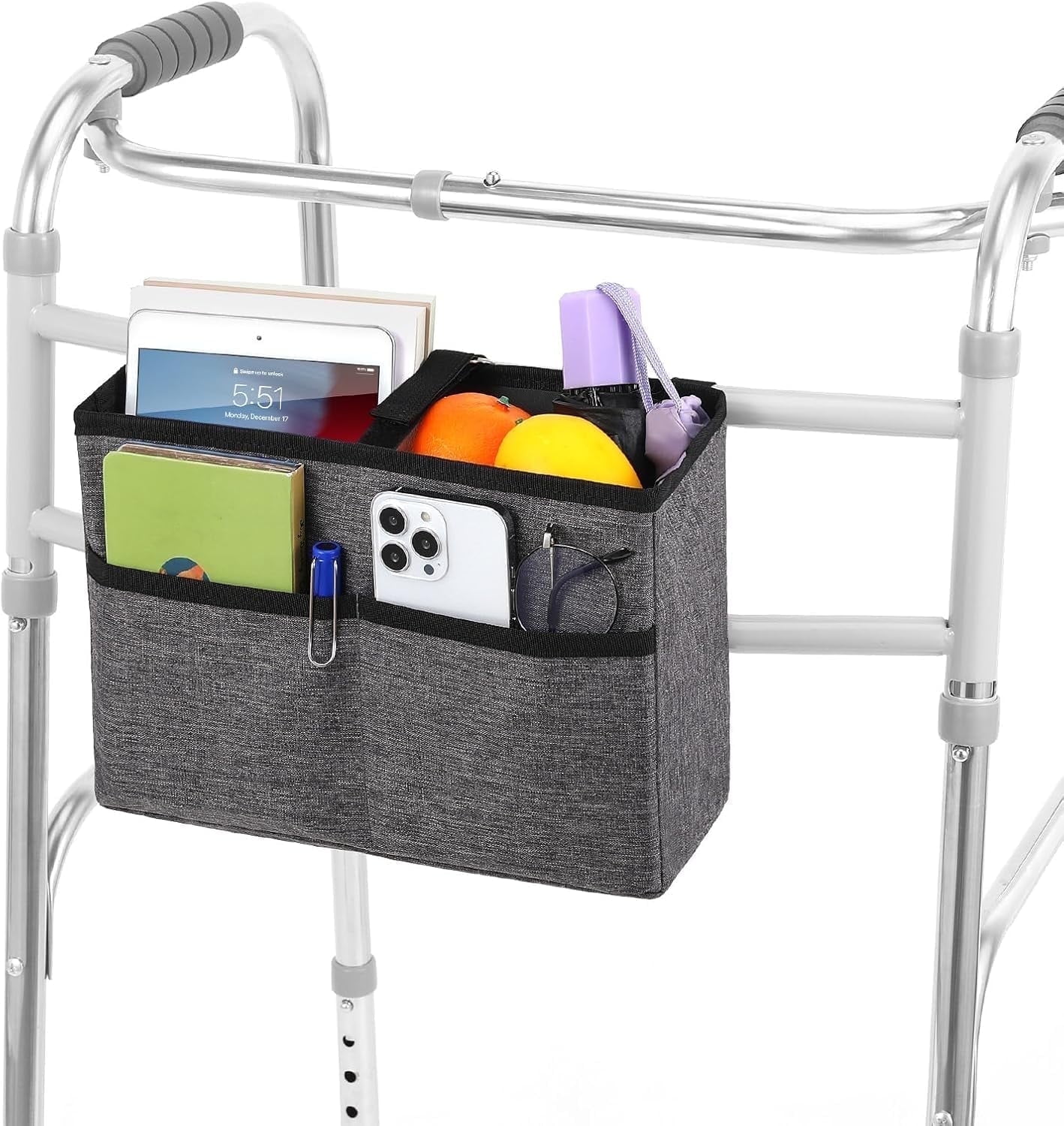 Rhino Valley Walker Basket, Hand-Free Carry Pouch Storage Bag Walker Accessories for Universal Walkers for Seniors, Large Capacity Basket for Walkers with Multi Pockets,Gray