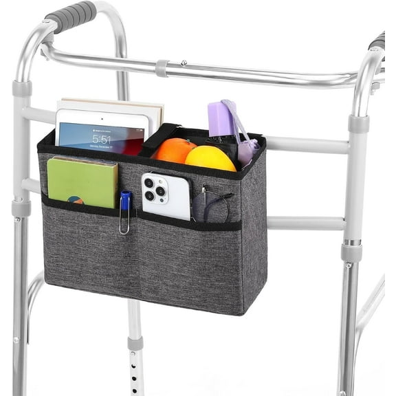 Rhino Valley Walker Basket, Hand-Free Carry Pouch Storage Bag Walker Accessories for Universal Walkers for Seniors, Large Capacity Basket for Walkers with Multi Pockets,Gray