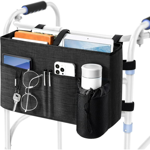 Rhino Valley Walker Bag, Multi Pockets Folding Walker Basket Tote Bag with Cup Holder, Hand-free Carry Pouch Storage Bag for Universal Walkers, Large Capacity Organizer for Seniors Elderly, Black