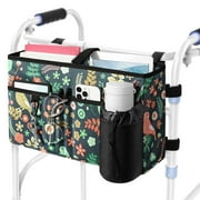 Rhino Valley Walker Bag, Multi Pockets Folding Walker Basket Tote Bag with Cup Holder, Hand-Free Carry Pouch Storage Bag for Universal Walkers, Large Capacity Organizer for Seniors Elderly, Birds