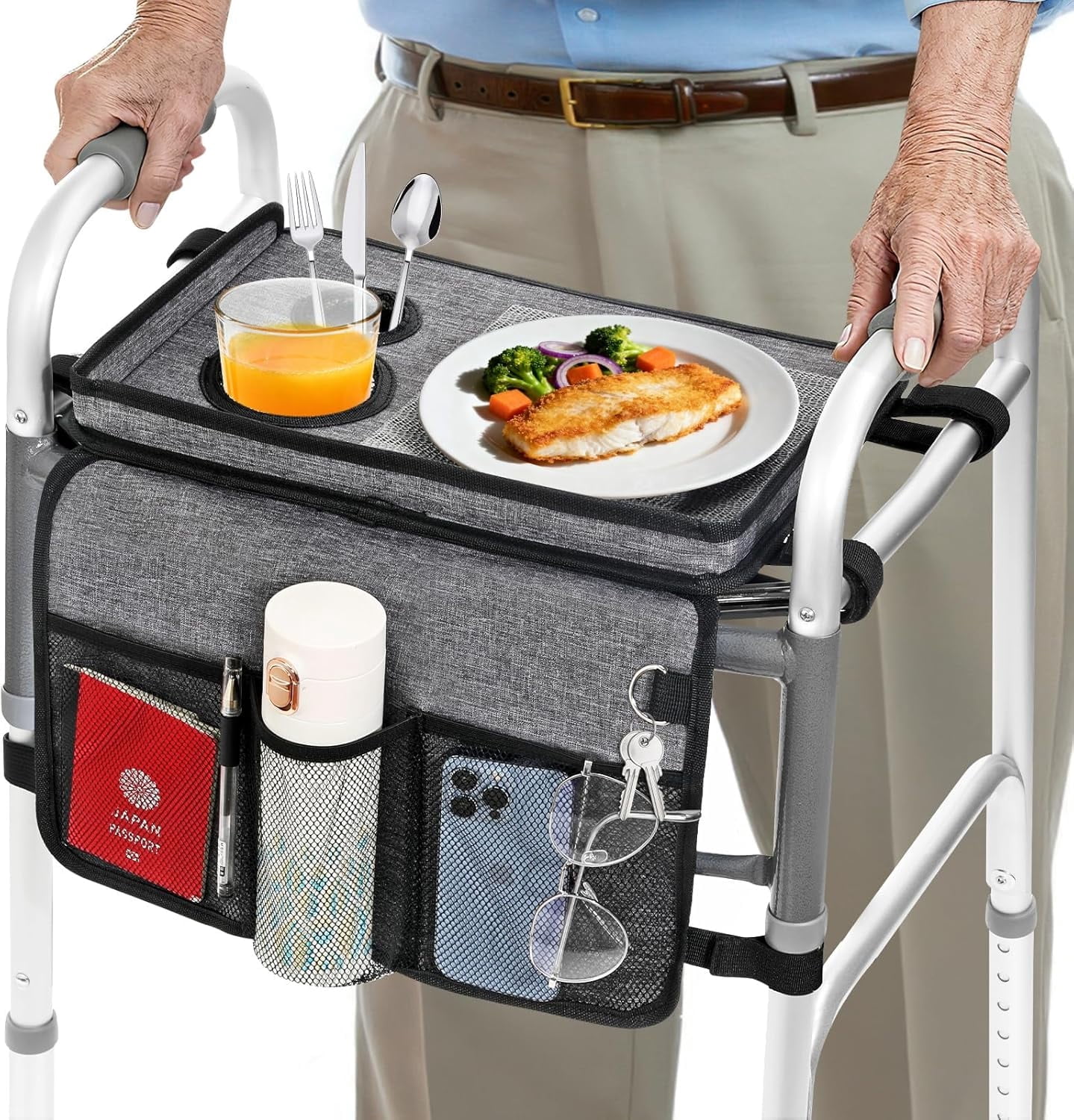 Rhino Valley Walker Tray for Folding Walker, Tray for Walkers with Non-Slip Mat for Food, 3 Front Pockets & 2 Cup Holders, Fits Most Standard Folding Walkers, Walker Accessories for Senior,Gray