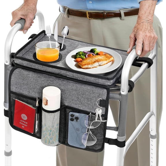 Rhino Valley Walker Tray for Folding Walker, Tray for Walkers with Non-Slip Mat for Food, 3 Front Pockets & 2 Cup Holders, Fits Most Standard Folding Walkers, Walker Accessories for Senior,Gray