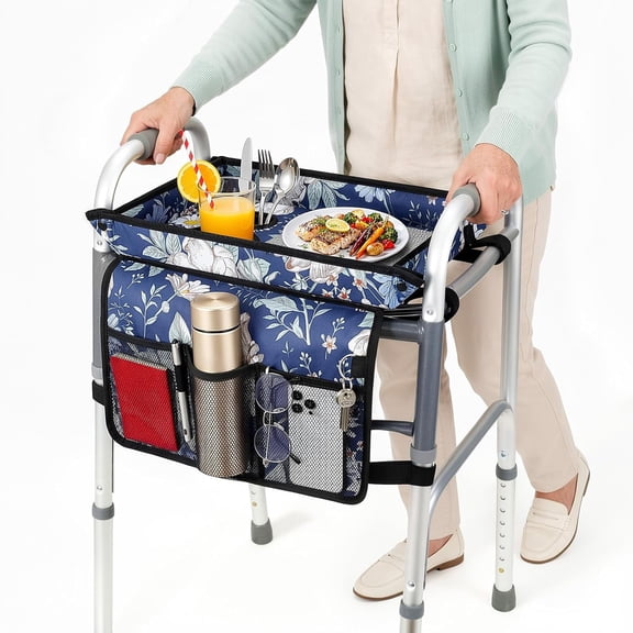 Rhino Valley Walker Tray for Folding Walker,Tray for Walker with Cup Holder | Sturdy & Non-Slip Tray for Walkers,Blue Cosmos