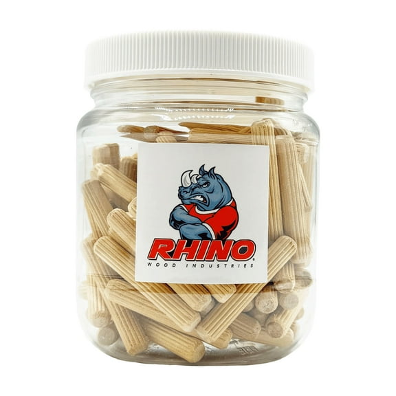 Rhino Wood Industries - 1/4" x 2" - 100 Pack Wooden Dowel Pins in Plastic Jar - Kiln Dried, Fluted, and Beveled