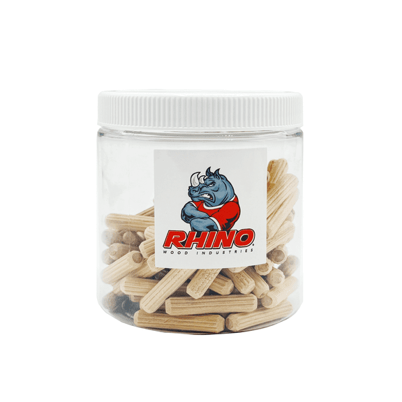 Rhino Wood Industries - 15/64" x 1 1/4" - 100 Pack Wooden Dowel Pins in Plastic Jar - Kiln Dried, Fluted, and Beveled
