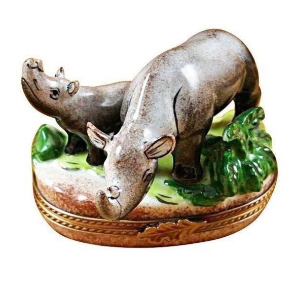 Rhino and Baby Limoges Box for Wildlife Lovers Limoges Box Porcelain Figurine