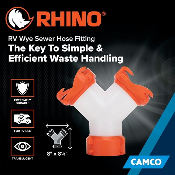 RhinoFLEX Camper/RV Wye Sewer Hose Fitting | Features 360-Degree Swivel Ends & Built-In Gaskets for Odor Tight Connection | Allows for 2 Sewer Hoses to Connect to the Same Dump Station (39812),