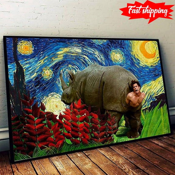 Rhinoceros And Ace Ventura In The Starry Night Vincent Van Gogh 16 x 24 Inch Poster