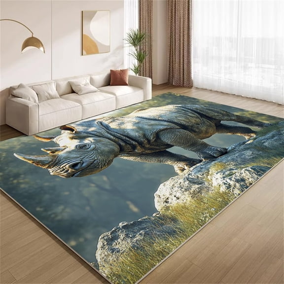 Rhinoceros Area Rugs, Wildlife Forest Animal Pattern Carpet, Washable Non Slip Low Pile Soft Rug for Living Room Bedroom Office Decor Mat 5ftx8ft