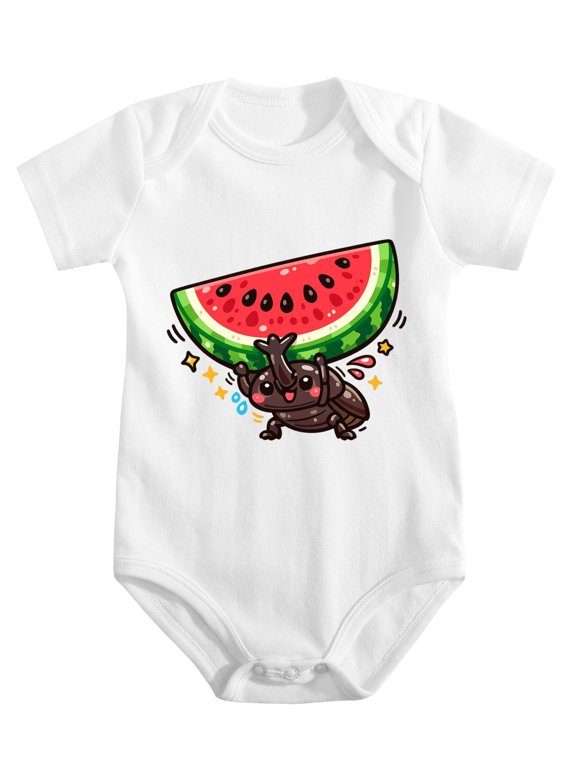 Rhinoceros Beetle Lifting Watermelon Baby Bodysuit, 100% Cotton Short Sleeve Snap Romper, 0-12 Months