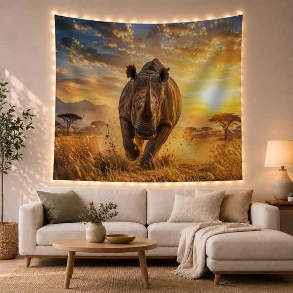 Rhinoceros Charging in African Savanna at Sunset, Dramatic Digital Art for Nature Lovers, Wildlife Wall Art Decor, Housewarming Gift Tapestry Wall Hanging for Living Room and Dorm