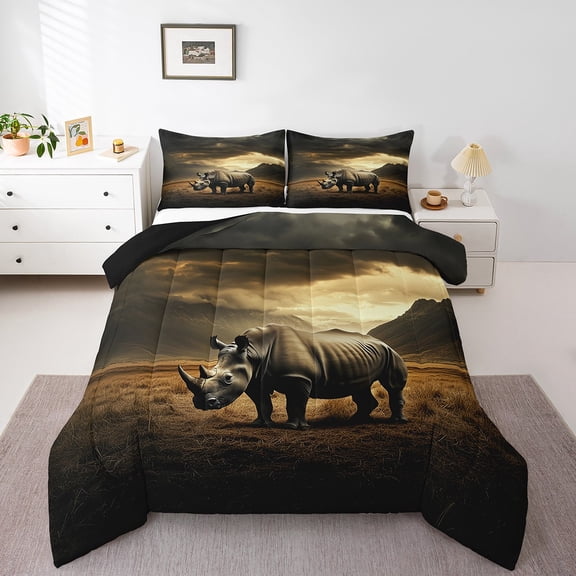 Rhinoceros Comforter Set Full Size,African Wild Animal Rhino Bedding Set Young,Natural Wildlife Mystic Mount Clouds Sky Down Comforter,3 Pcs 2 Pillowcases