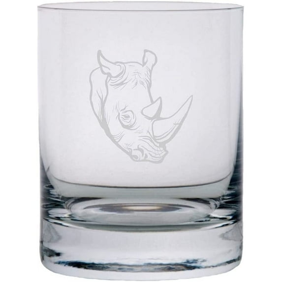 Rhinoceros Face Zoo Animal Themed Etched 10.25oz Crystal Rocks Whisky Glass