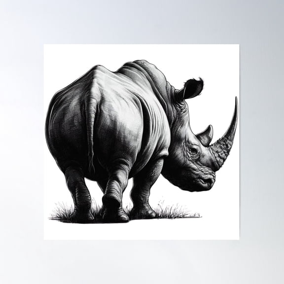 Rhinoceros Hind End, Black And White Rhino Drawing Poster Wall Art, Modern Wall Decor For Living Room Bedroom, 24x24 UNFRAMED