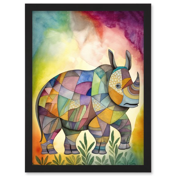 Rhinoceros Pastel Colour Portrait Folk Art Artwork Framed Wall Art Print A4