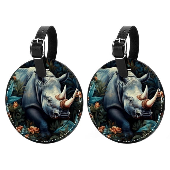 Rhinoceros Set of 2pcs PU Leather Round Suitcase Tags with Privacy Cover and Name ID Tag - Ideal for Travel Luggage, Handbags, Backpacks, School Bags