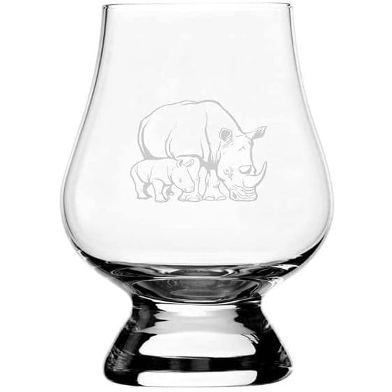 Rhinoceros with Baby Zoo Animal Themed Etched 2.5oz Glencairn Wee Whisky Glass