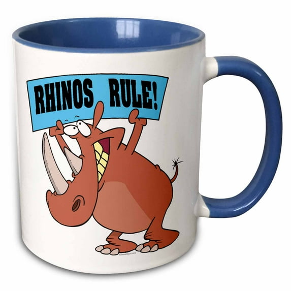 3drose, Rhinos Rule Funny Rhinoceros Cartoon, 11oz Two-tone Blue Mug