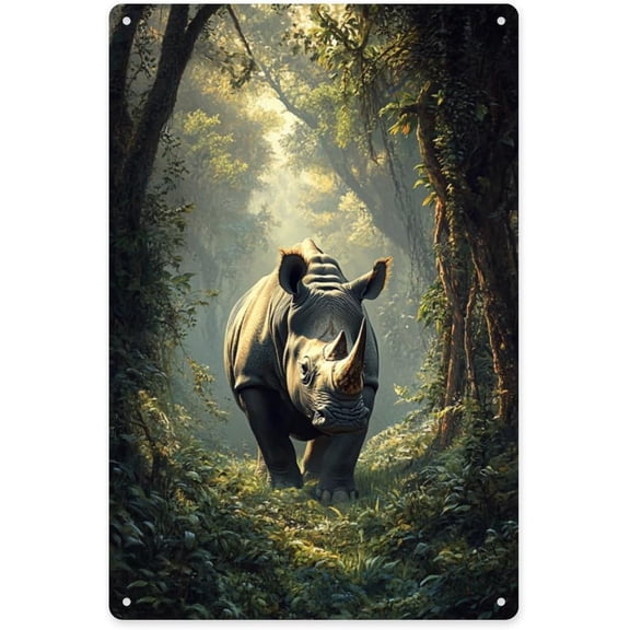 Rhinos in the jungle metal tin signMossy forests Floor & Ferns, Wild Animal Art TinplateWall Decor Aluminum Plaques poster for Living Room, CabinEasy-to-hang ornaments 8x12 inches