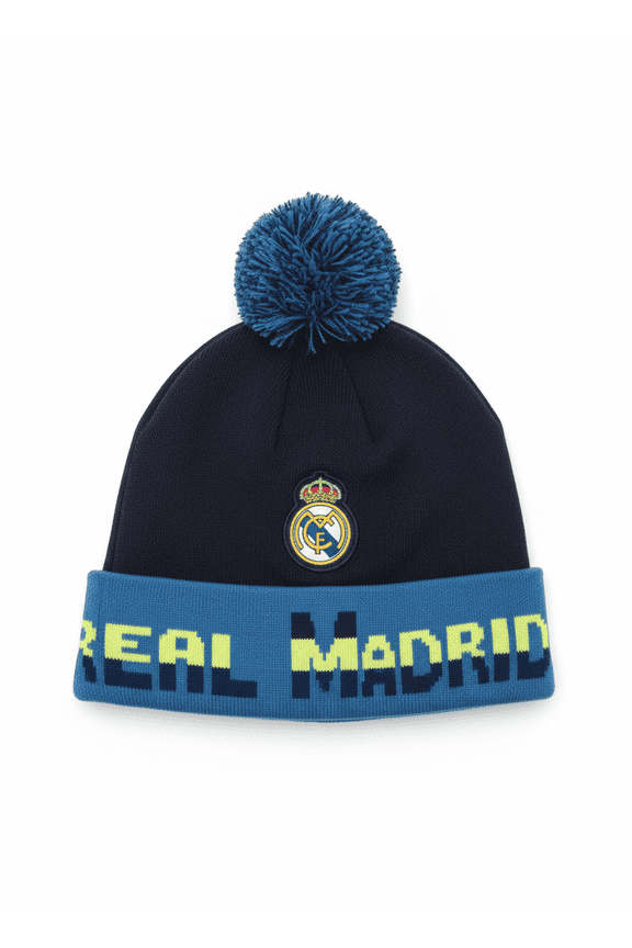 Real Madrid Pom Pom Beanie, Navy/Aqua Acrylic Adult OSFM