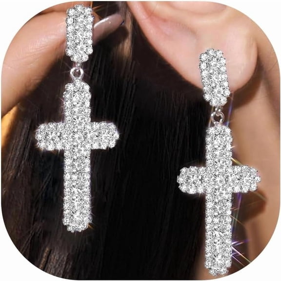 Rhinsetone Cross Earrings for Women Silver Sparkle Cross Earrings Dangle CZ Gothic Prom Earring First Communion Jewelry Gifts