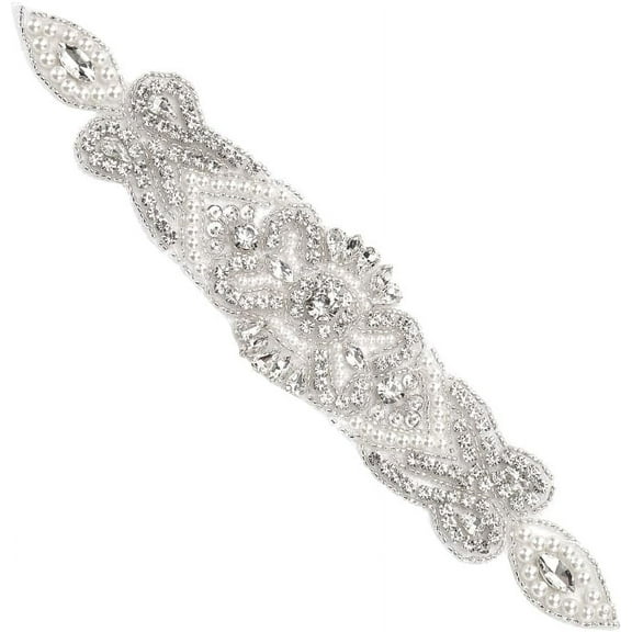 Rhinstone Pearl Bead Applique Bridal Sash Diamand Belts Iron on Silver Wedding Headband Dress Applique DIY Sew on Applique for Dress Headpieces Shoes Embellishment 9.9x2 Inch
