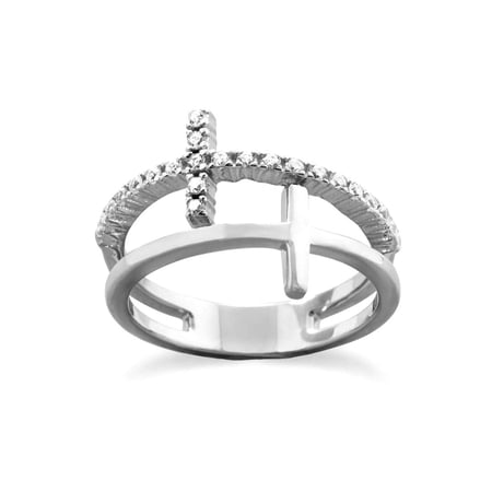 Rhod. P. 925 Sterling Silver Cubic Zirconia Double Religious Faith Cross Ring Size 8 Ring for Women
