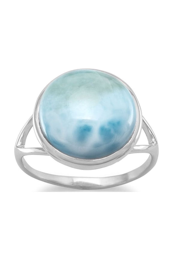 Rhod. P. Sterling Silver 12mm Larimar Ring Band a Split Design Bottom Of Measures 1.5mm - Size 6