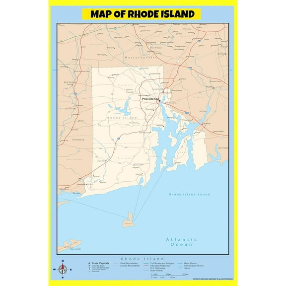 Rhode Island Map Poster - Laminated Wall Map - Style B - 24x36 - Ideal for Classrooms and Homes – Features Bright Colors and Vivid Imagery