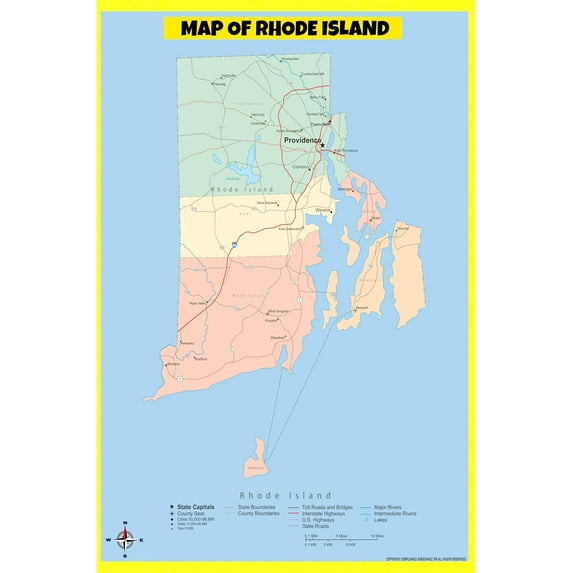 Rhode Island Map Poster - Laminated Wall Map - Style C - 36x60 - Ideal for Classrooms and Homes – Features Bright Colors and Vivid Imagery