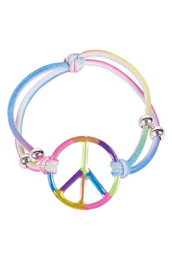 Lot 12 7" Adult 60s Hippie Rainbow Peace Sign Costume Elastic Bracelet Medallion