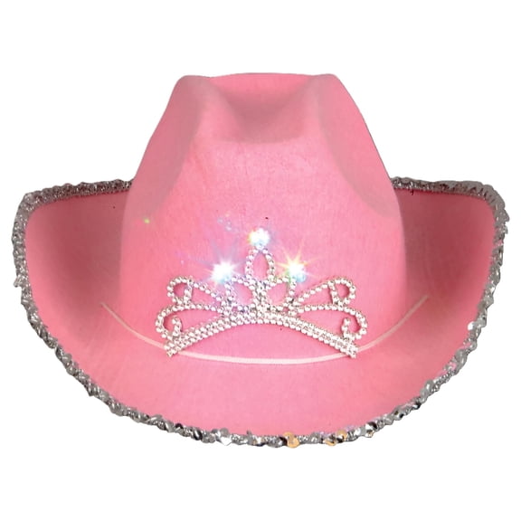 Rhode Island Novelty Pink Cowgirl Hat with Light-Up Blinking Tiara, Felt Party Hat for Dress Up