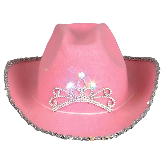 Rhode Island Novelty Pink Cowgirl Hat with Light-Up Blinking Tiara, Felt Party Hat for Dress Up