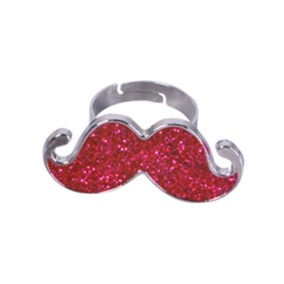 Pink Silver Hipster Trendy Costume Moustache Shiny Sparkle Bling Ring