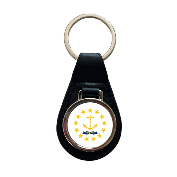 Rhode Island RI State Flag Metal Black Leather Keychain