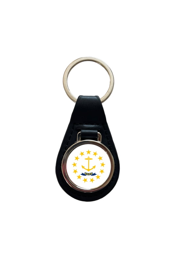 Rhode Island RI State Flag Metal Black Leather Keychain