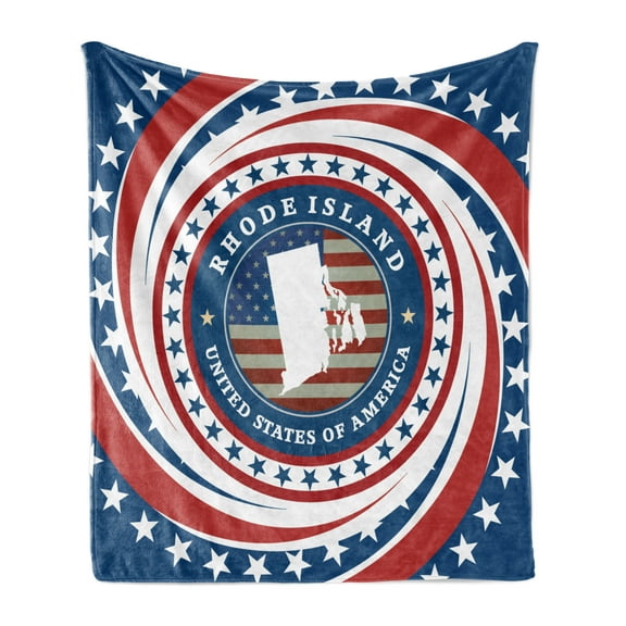 Rhode Island Soft Flannel Fleece Throw Blanket, United States of America Text with the Flag and Swirled Stars, Cozy Plush for Indoor and Outdoor Use, 50" x 60", Night Blue White, by Ambesonne