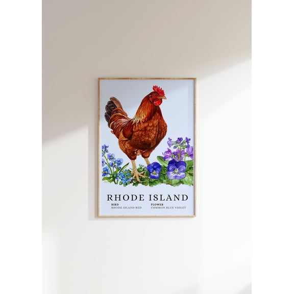Rhode Island State Bird & Flower Art Poster, Unframed Poster Size 8x12