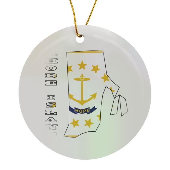 3drose, Rhode Island State Flag in the Outline Map and Letters for Rhode Island, Circle Porcelain Ornament