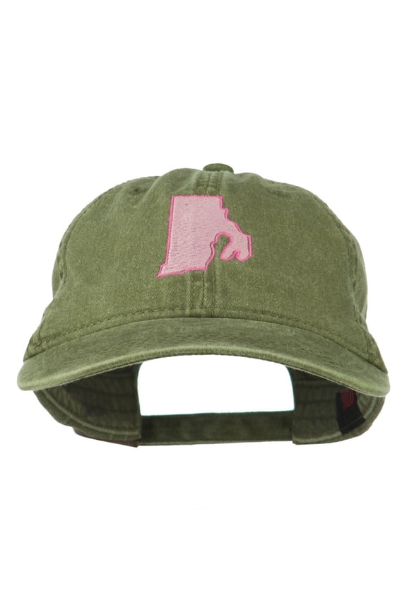 Rhode Island State Map Embroidered Washed Cotton Cap - Olive Green OSFM