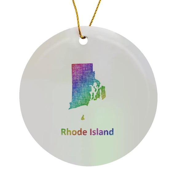 3drose, Rhode Island State Map - Rainbow Sketch Design, Circle Porcelain Ornament