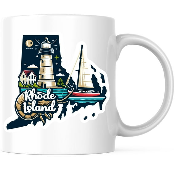 Rhode Island State Shape Coffee Mug - RI State Mug - Choose From 50 States - 11 Ounce Coffee Mug - Design Printed On Both Sides - Glossy Ceramic - Microwave & Dishwasher Safe - BMCM01274
